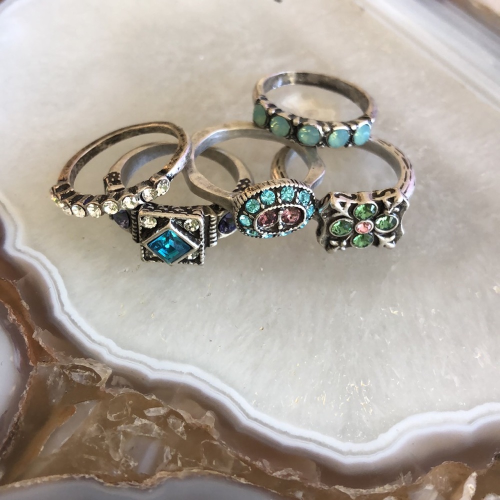 Five Austrian Crystal Rings in Antiqued Silver-Boutique